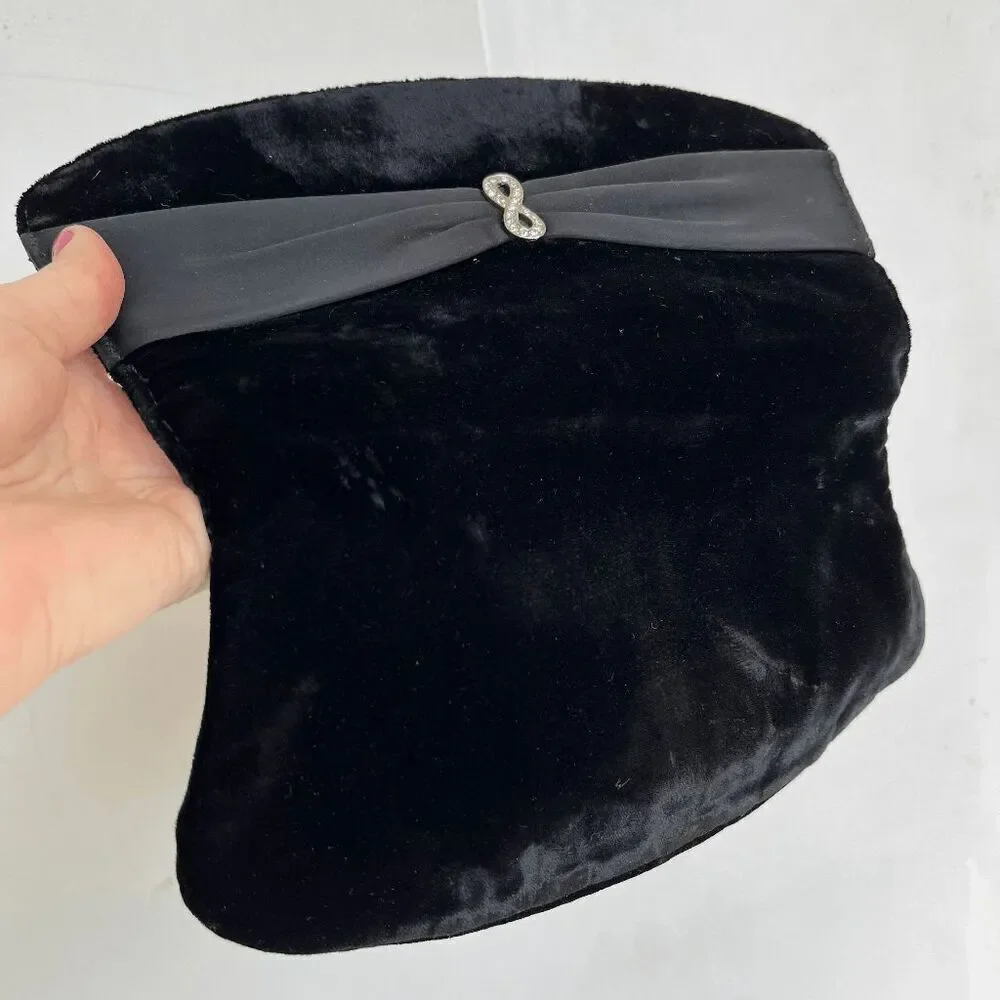Vintage Velvet Evening Clutch w/ Satin Bow & Rhinestone Accent
